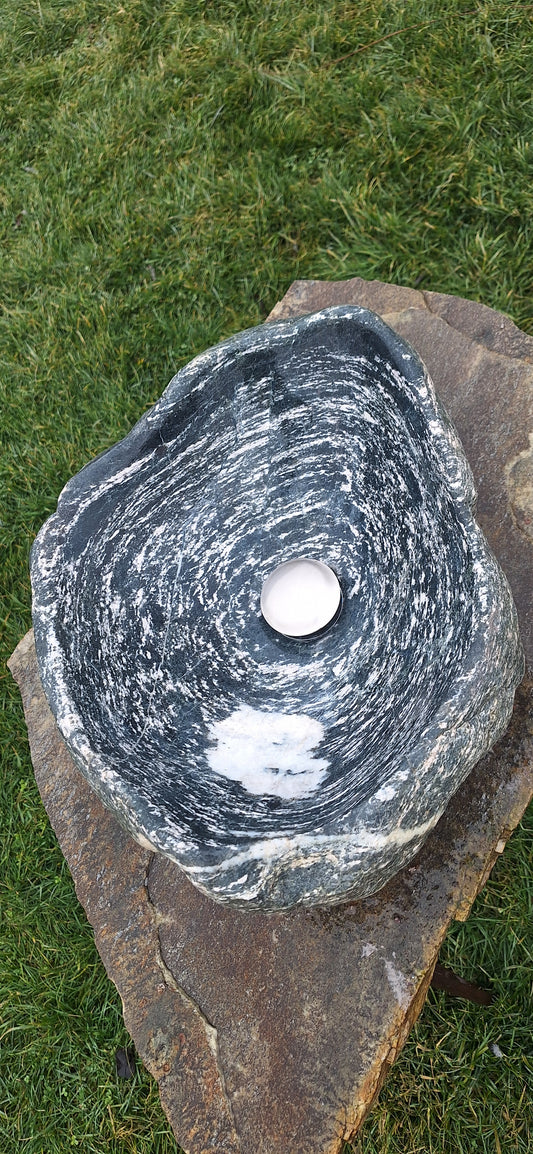 Lavoar Piatră Naturală, montaj pe blat,21 kg,46×37×15,cu nuanță de albastru/gri cu vineturi albe